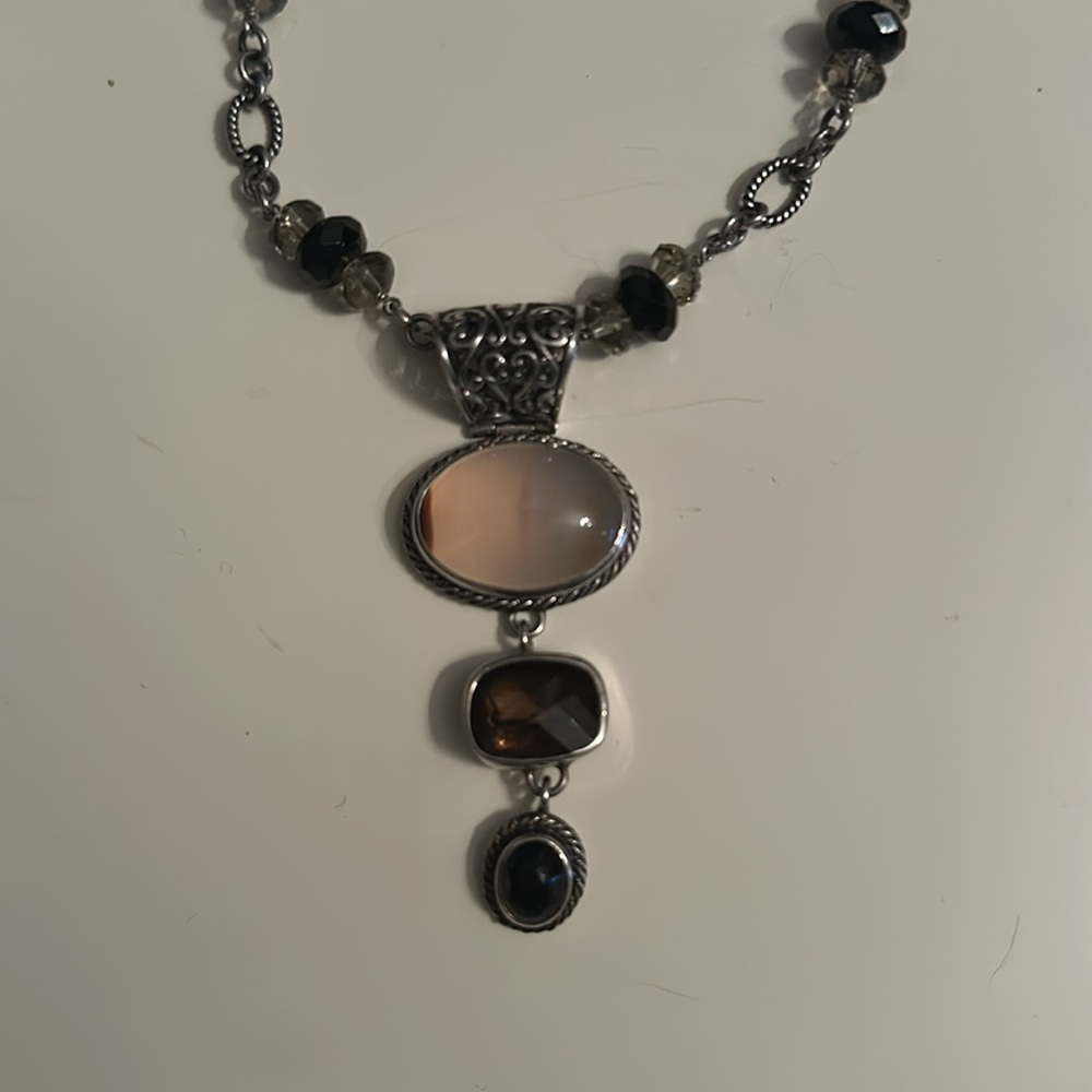 Lori Bonn Gemstonene Pendent Necklace Quartz, Smoky Topaz and Onyx Triple Drop - Picture 2 of 4